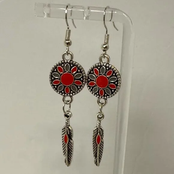 Boho Feather Earrings Silver Red Western Mandala Dangle Drop Design NEW pierced - Picture 5 of 5